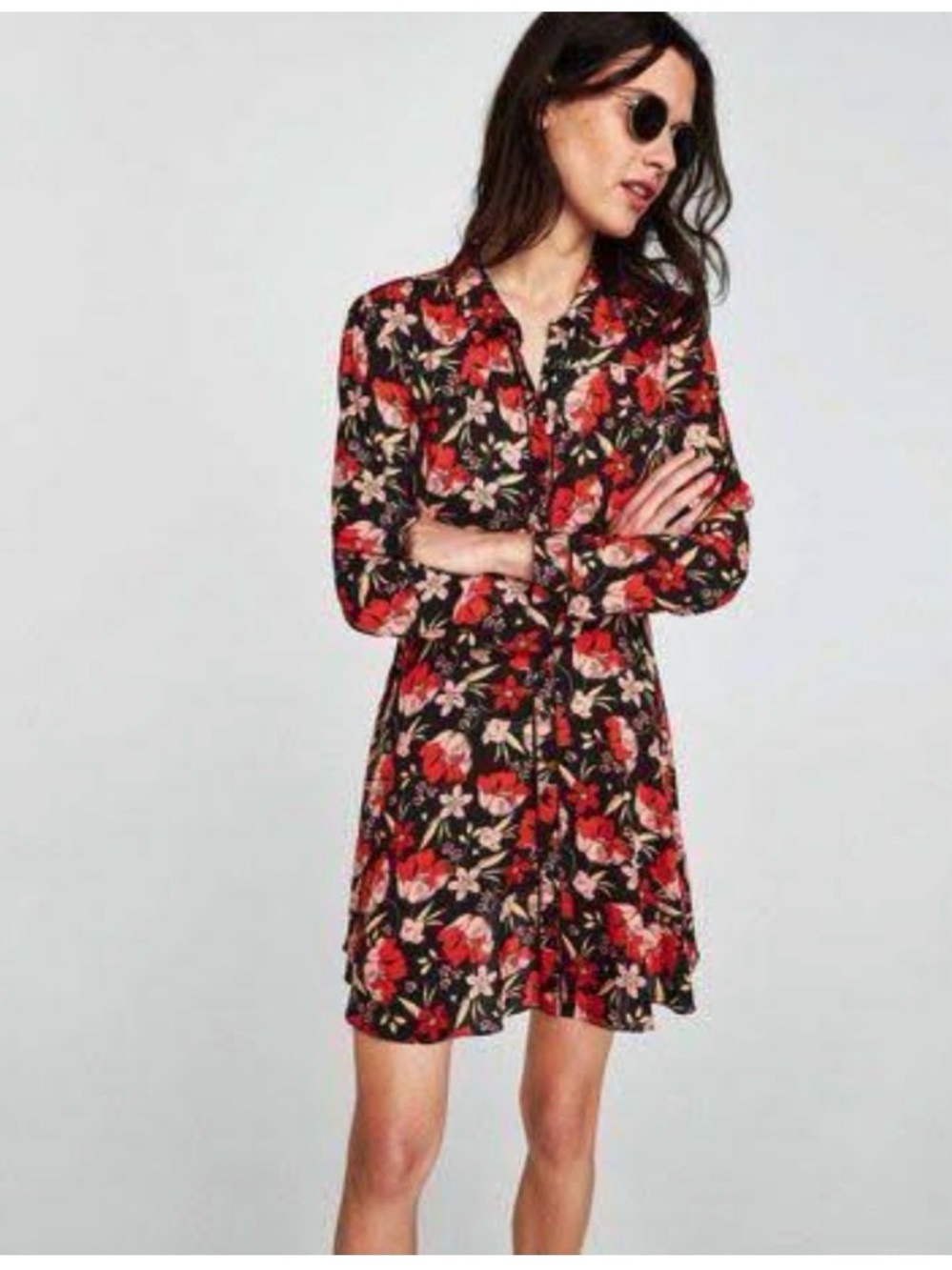 Zara Floral Button-Front Black & Red Shirt Dress